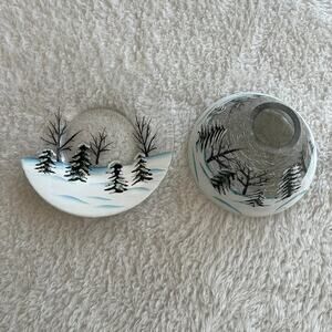 Yankee Candle Hand Painted Winter Scene Crackle Glass Candle Lamp Shade & Plate